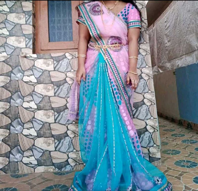 Elegant Pink &amp; Blue Saree