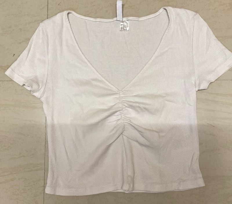 White Ribbed V-Neck Crop Top