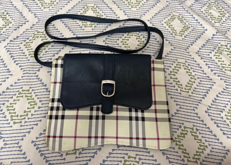 Navy Blue Checked Sling Bag