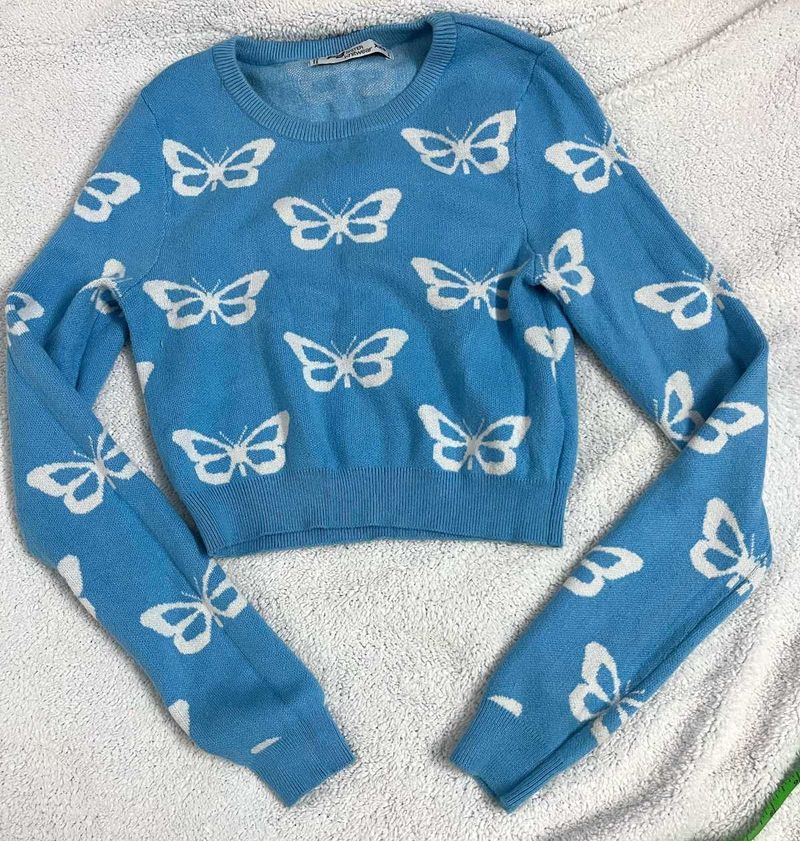 Blue Butterfly Print Sweater