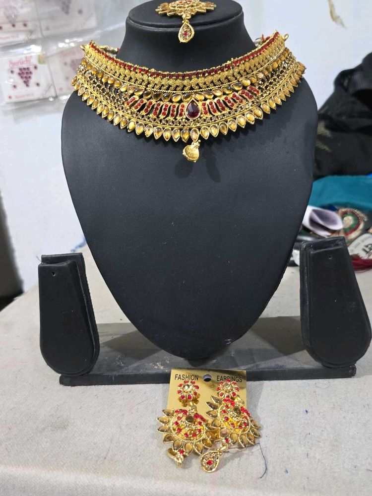 Gold-Tone Red Jewel Indian Bridal Jewelry Set
