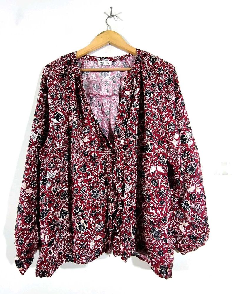 Dark Red Floral Print Top