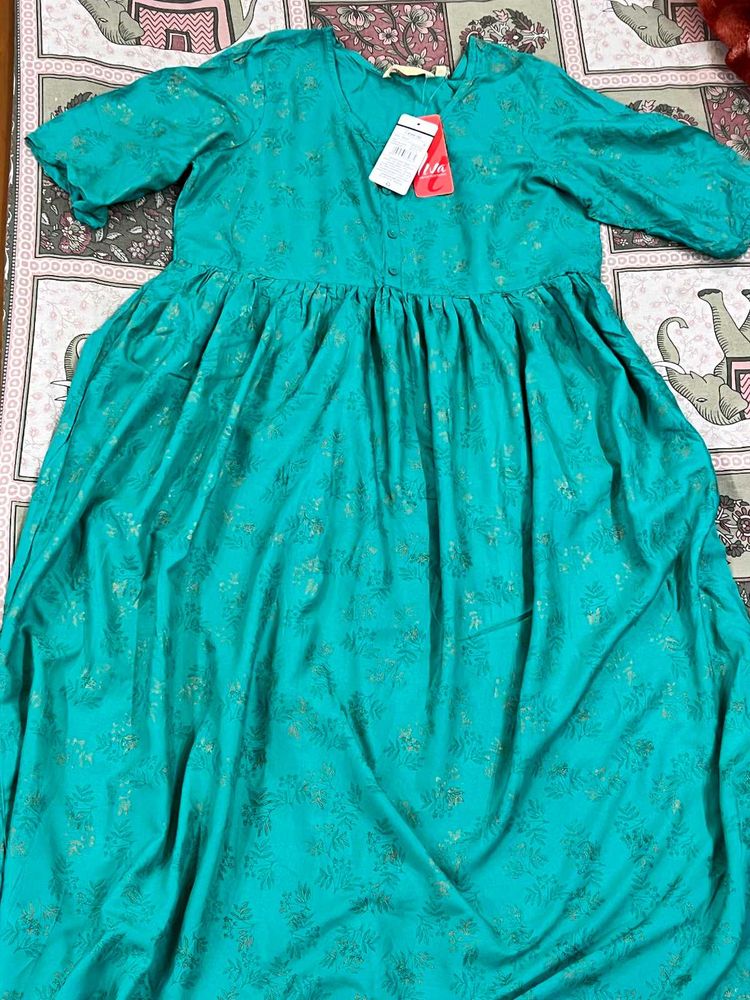 teal Printed Fit &amp; Flare Dress M SIZE