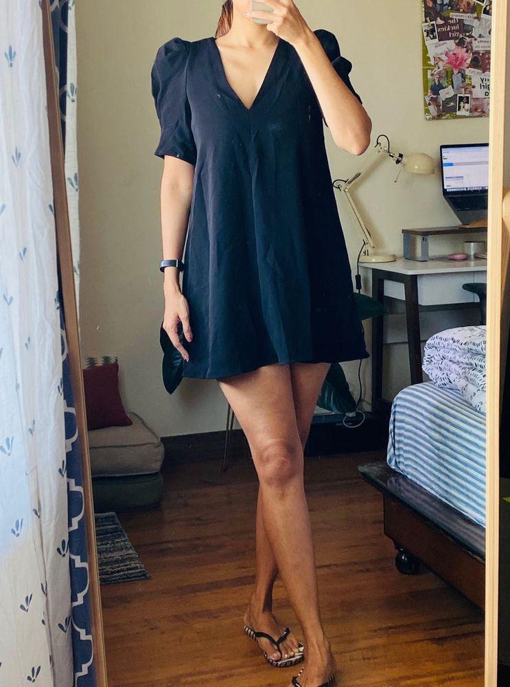 Zara Black Mini Dress With Puff Sleeve Detail