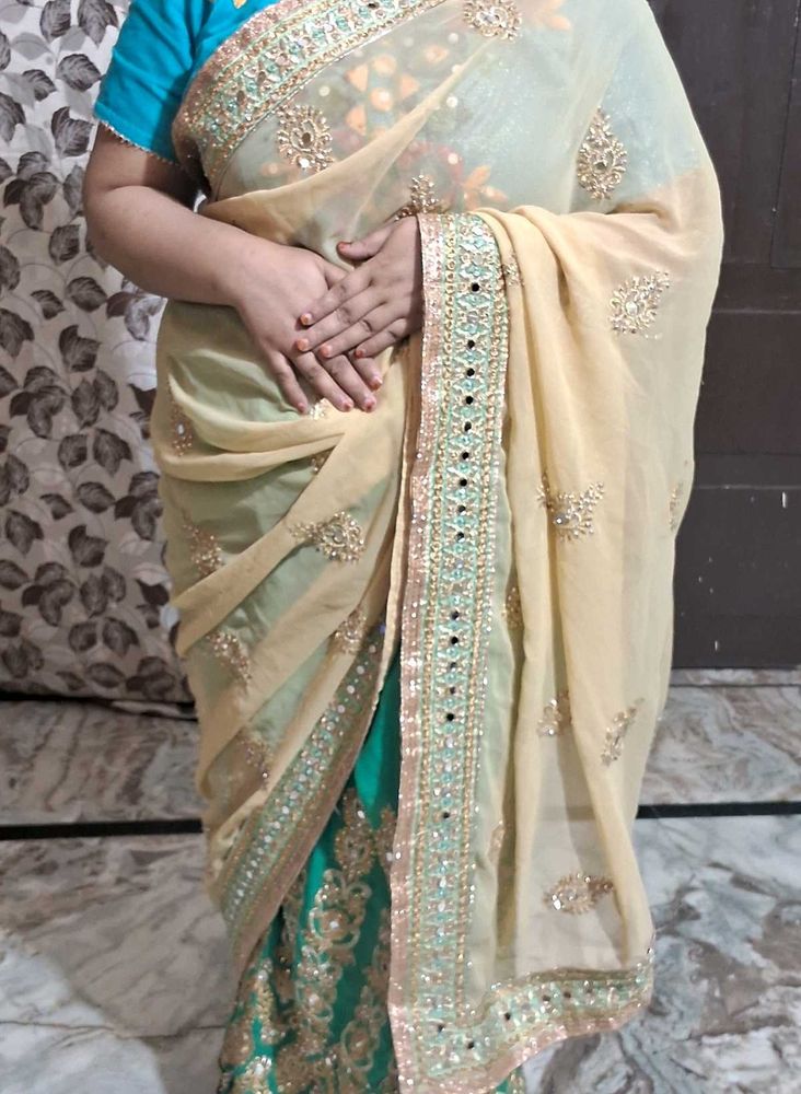 Elegant Green &amp; Gold Embroidered Saree