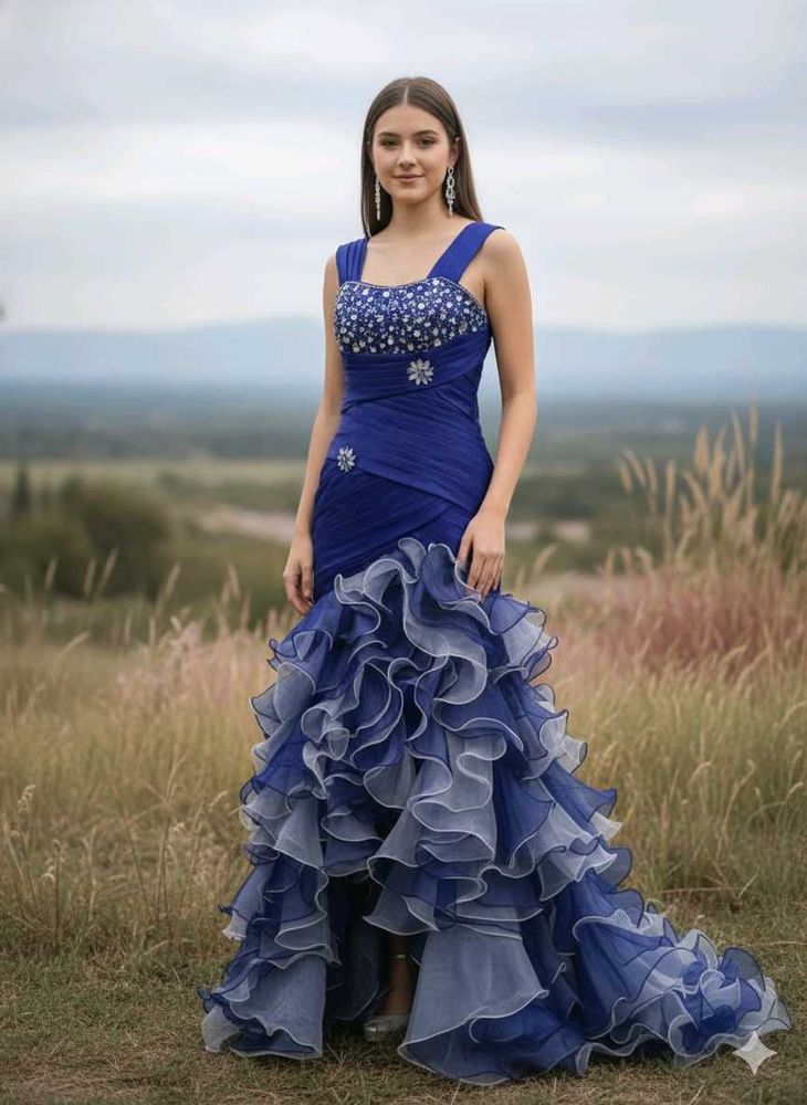 Elegant Blue Ruffled Gown