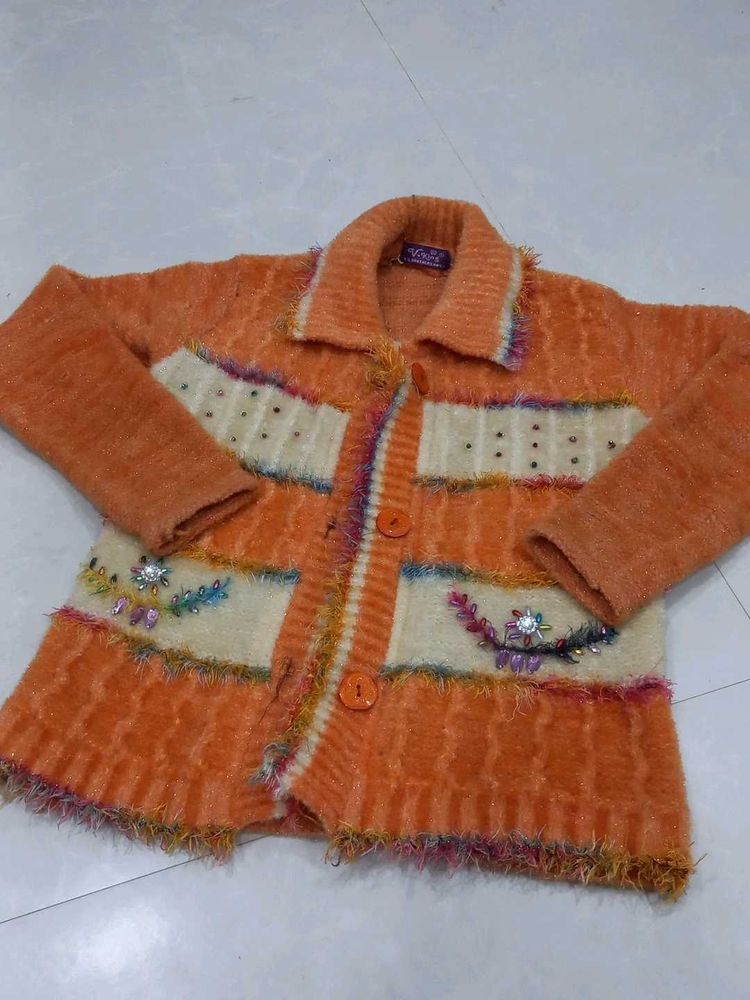 Orange Embellished Cardigan