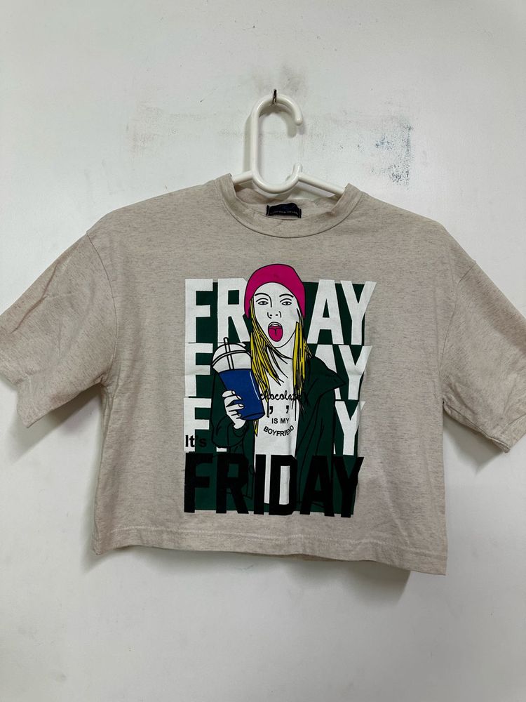 Beige Graphic Print Crop Top