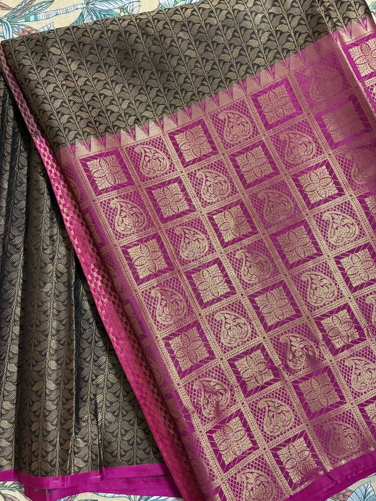 Black And Pink Tussar Silk Saree