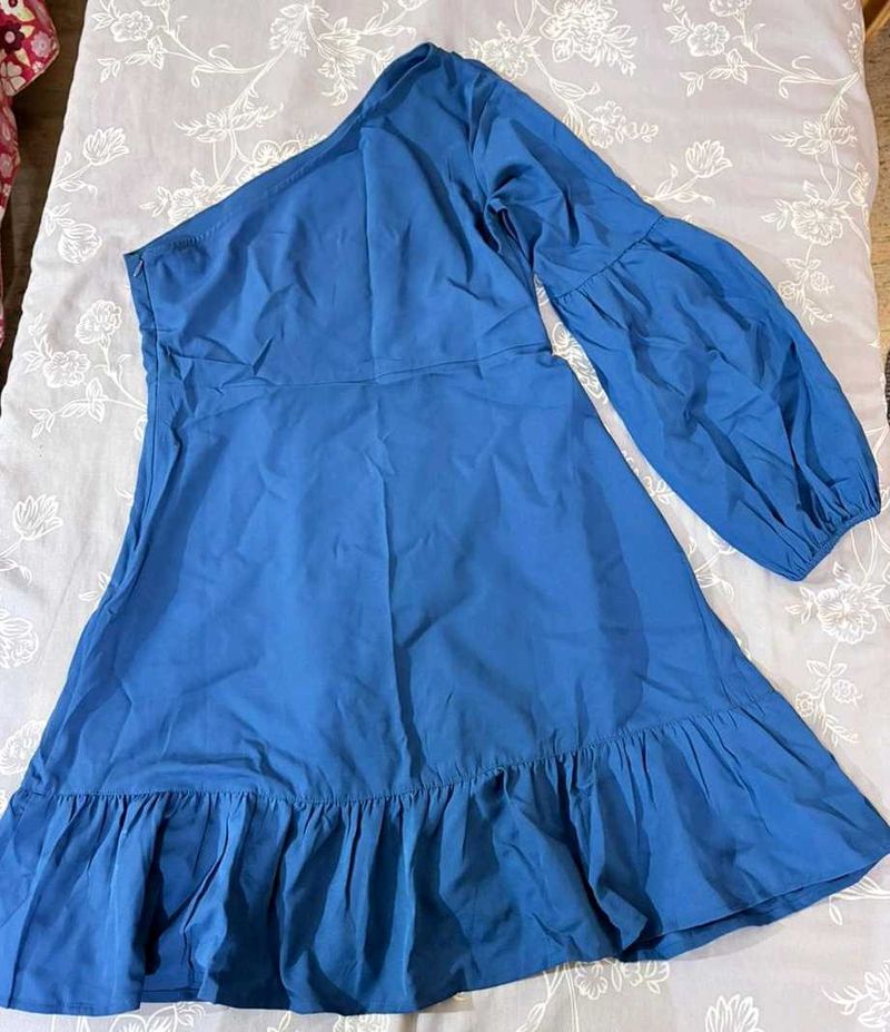 Blue One-Shoulder Ruffle Dress