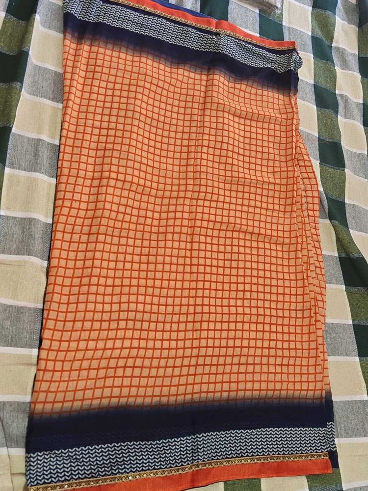 &#34;Brand New Peach Check Cotton Saree | Contrast Bor