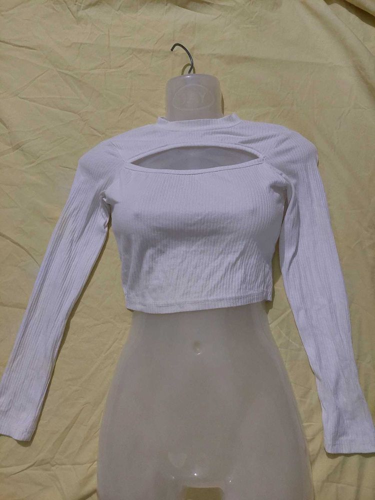 White Cutout Long Sleeve Top