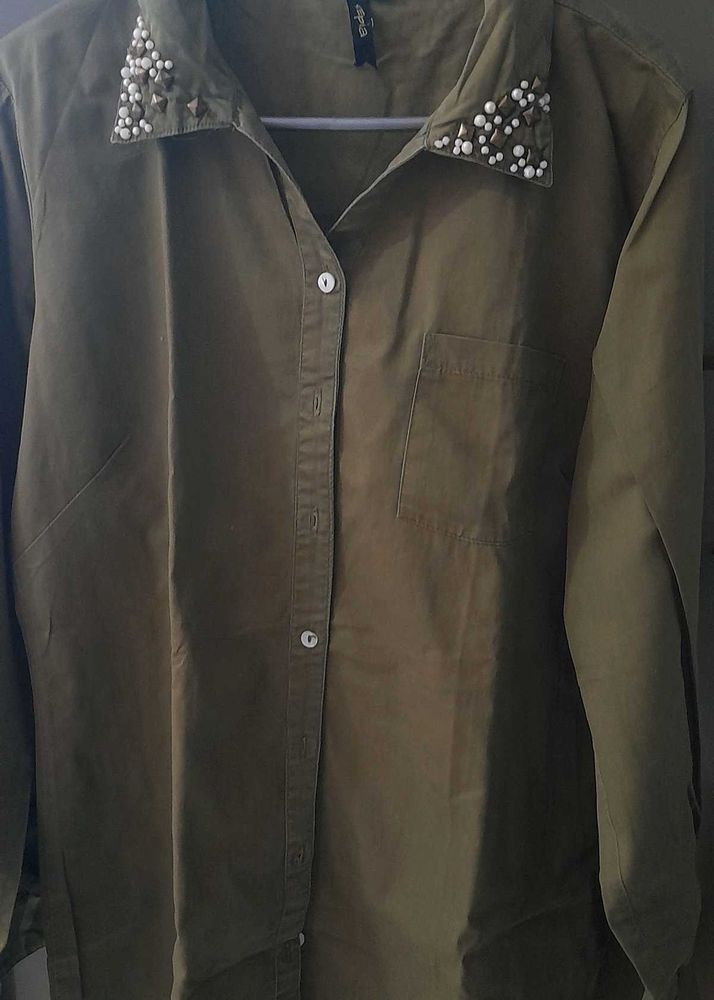 Olive Green Embellished Longline Shirt
