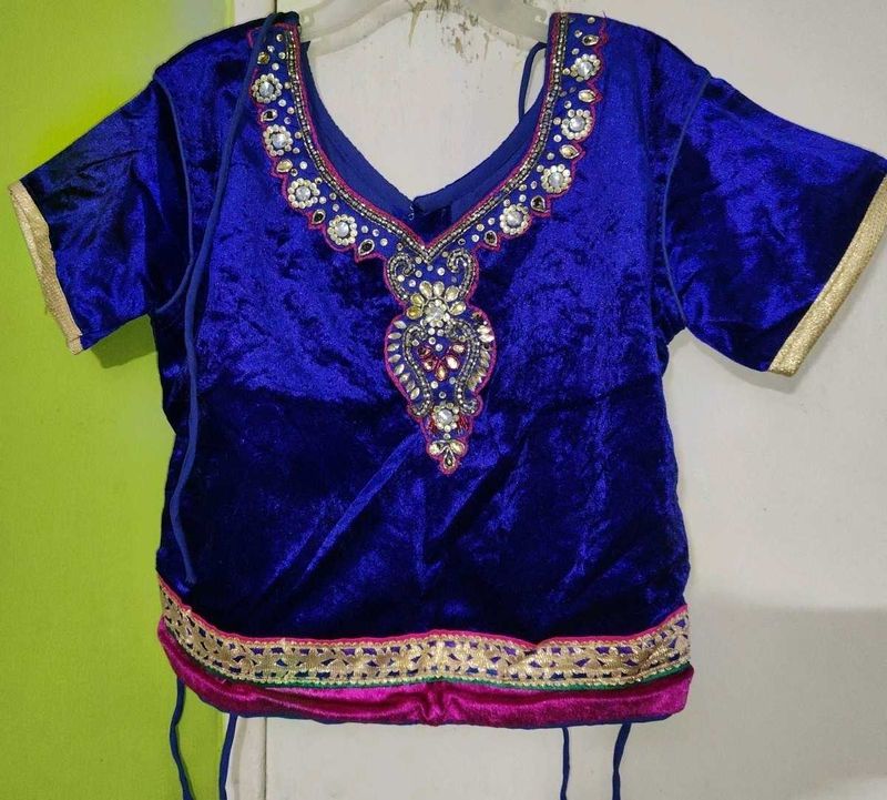 Embroidered Blue Velvet Top