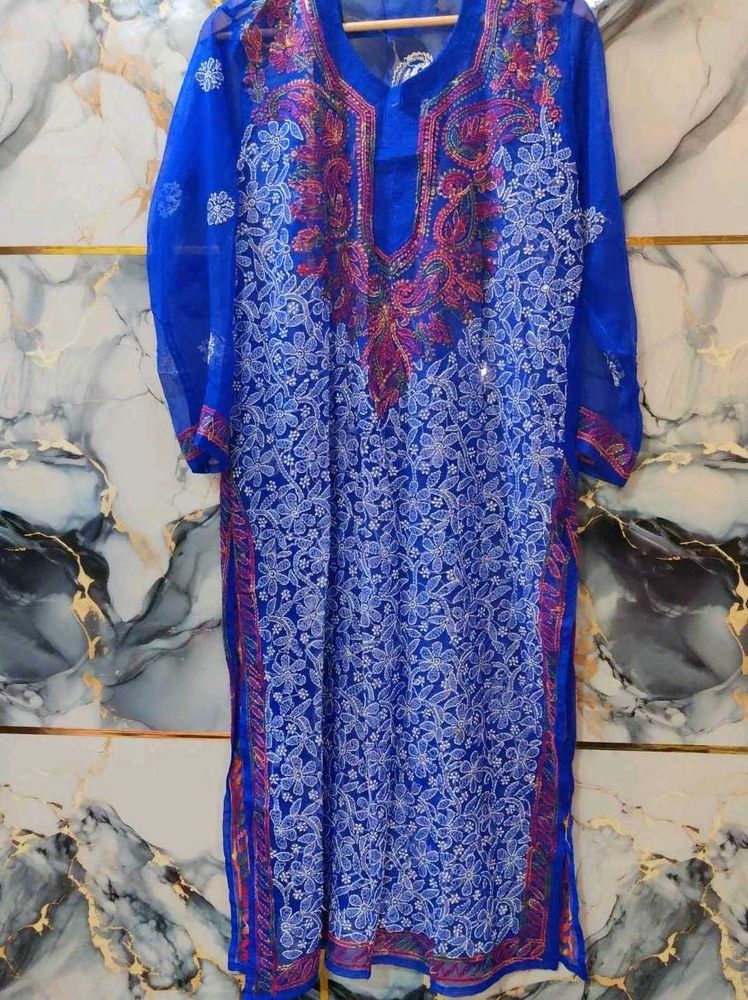 NEW Blue chikan Embroidered Kurta XL