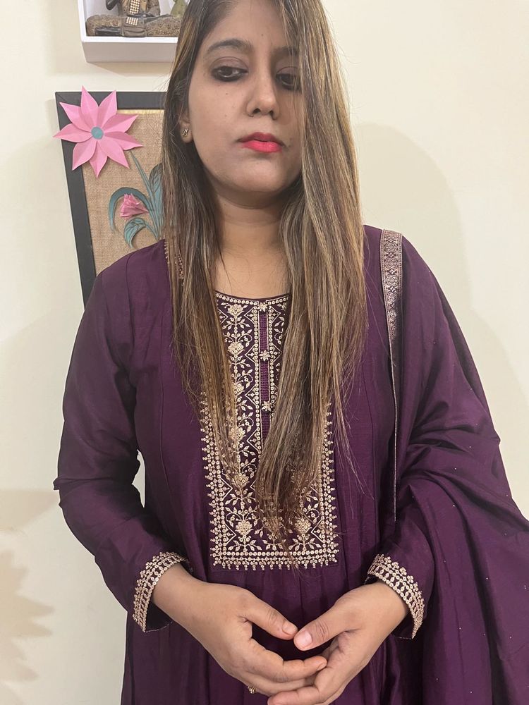 Libaas, purple colour silk Anarkali three piece