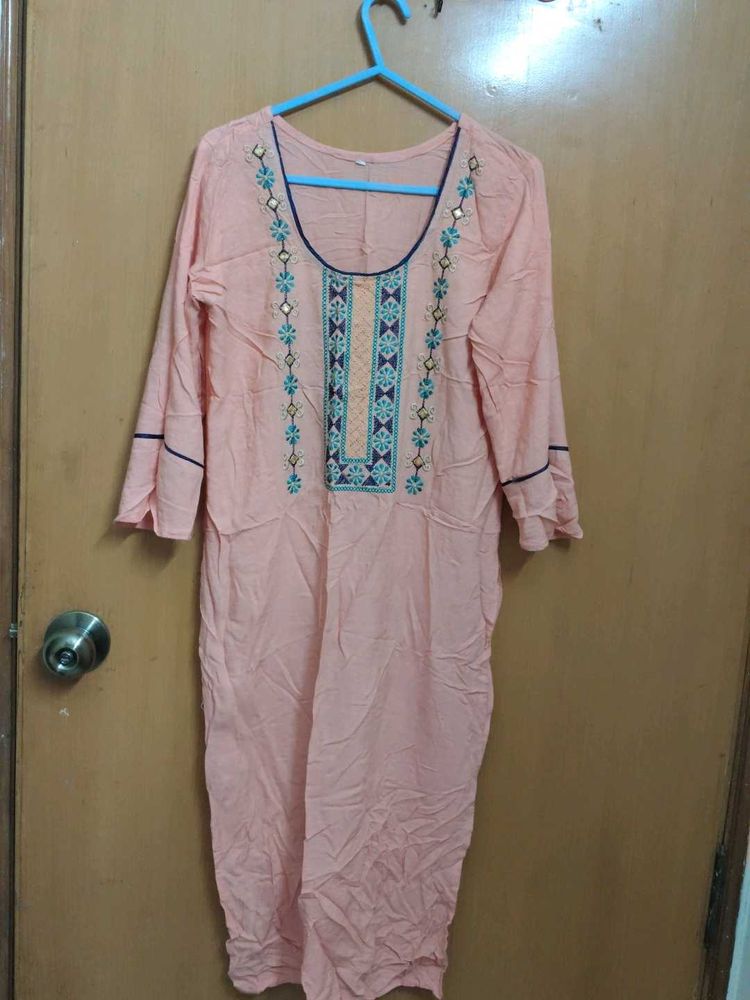 Peach Embroidered Kurti Dress