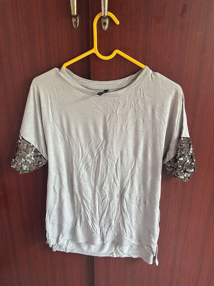 Grey Top w/ Sequin Sleeves