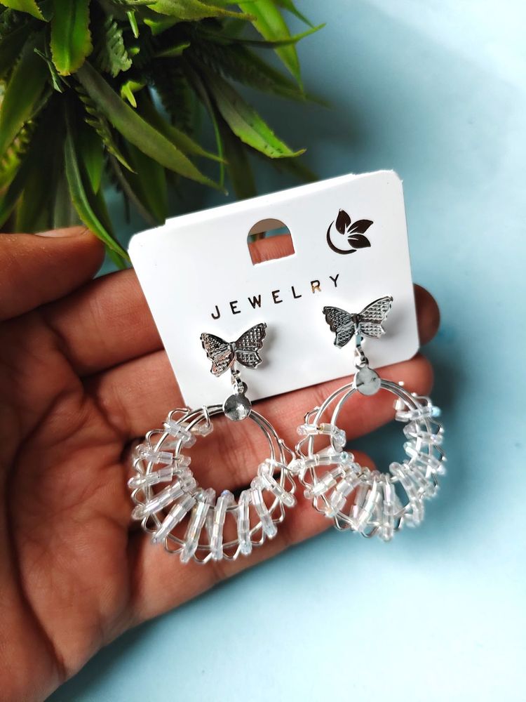 🦋Boho Butterfly Hoop Earrings – White Beaded
