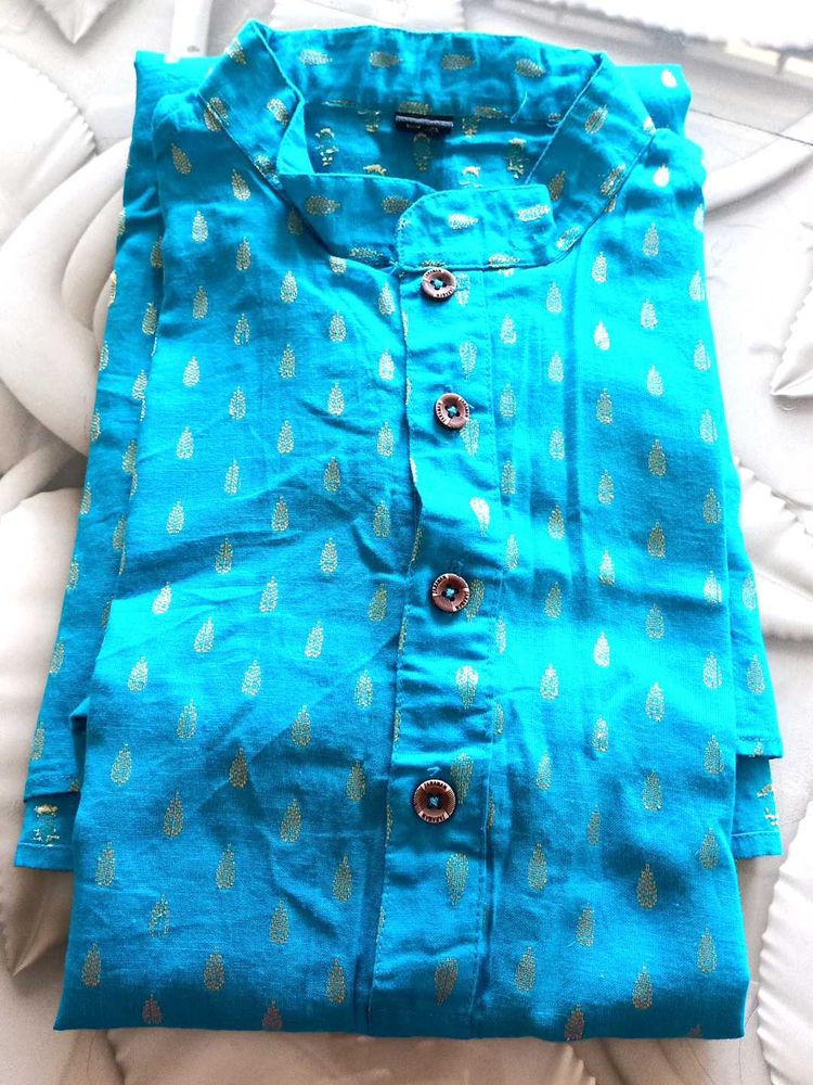 Men&#39;s Teal &amp; Gold Printed Kurta