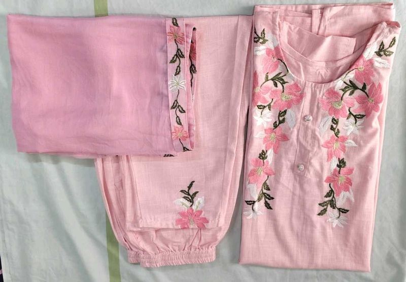 Pink Floral Embroidered Kurti Set