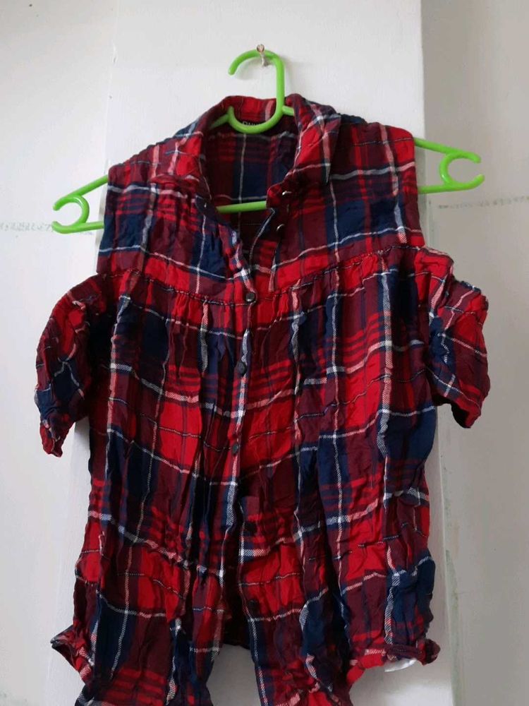 Red Plaid Cold Shoulder Top