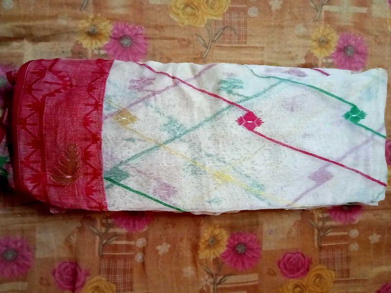 White Maslin Saree with Colorful Detailed