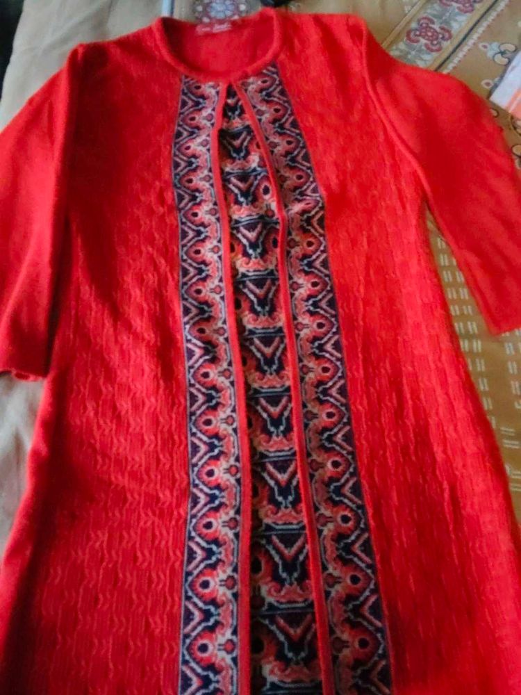 Red Ethnic Print woolen Kurti