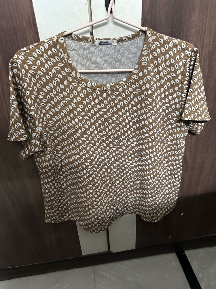 Brown &amp; White Print Top