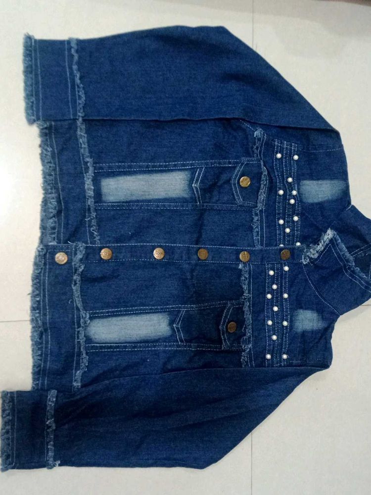 Denim Jacket with Pearl Embellishments