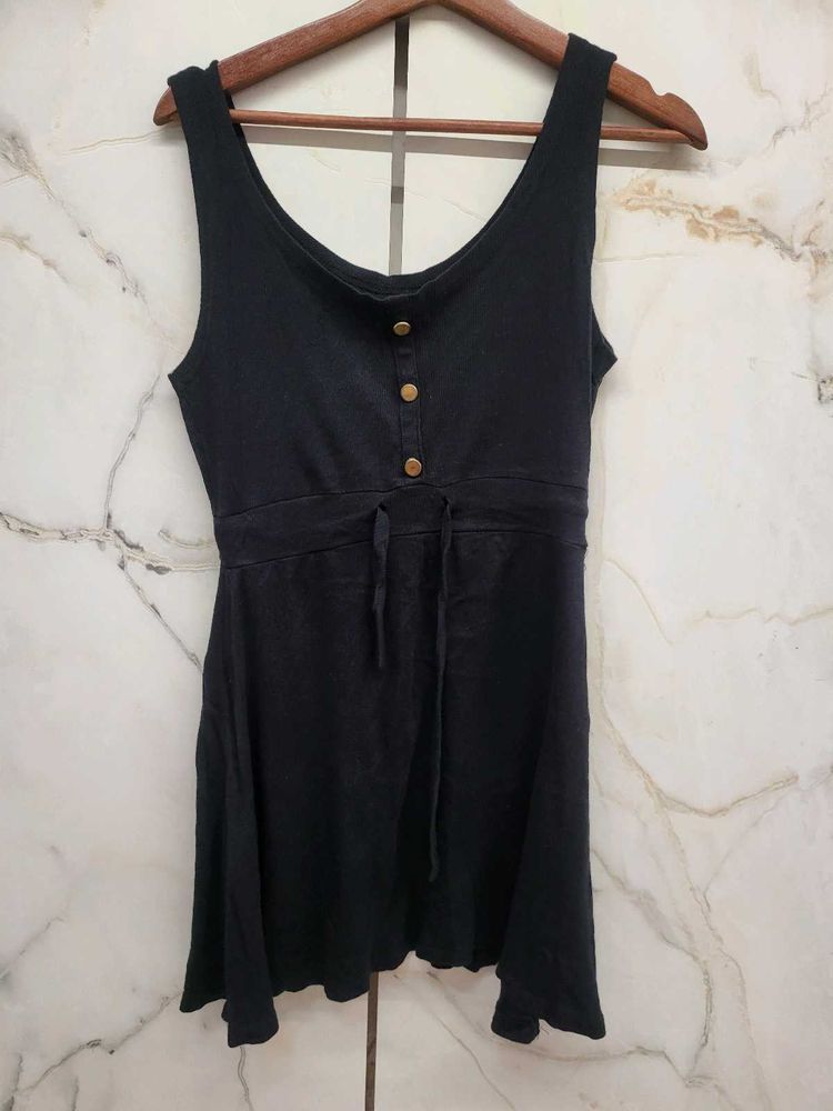 Black Button-Front Tie Waist Dress