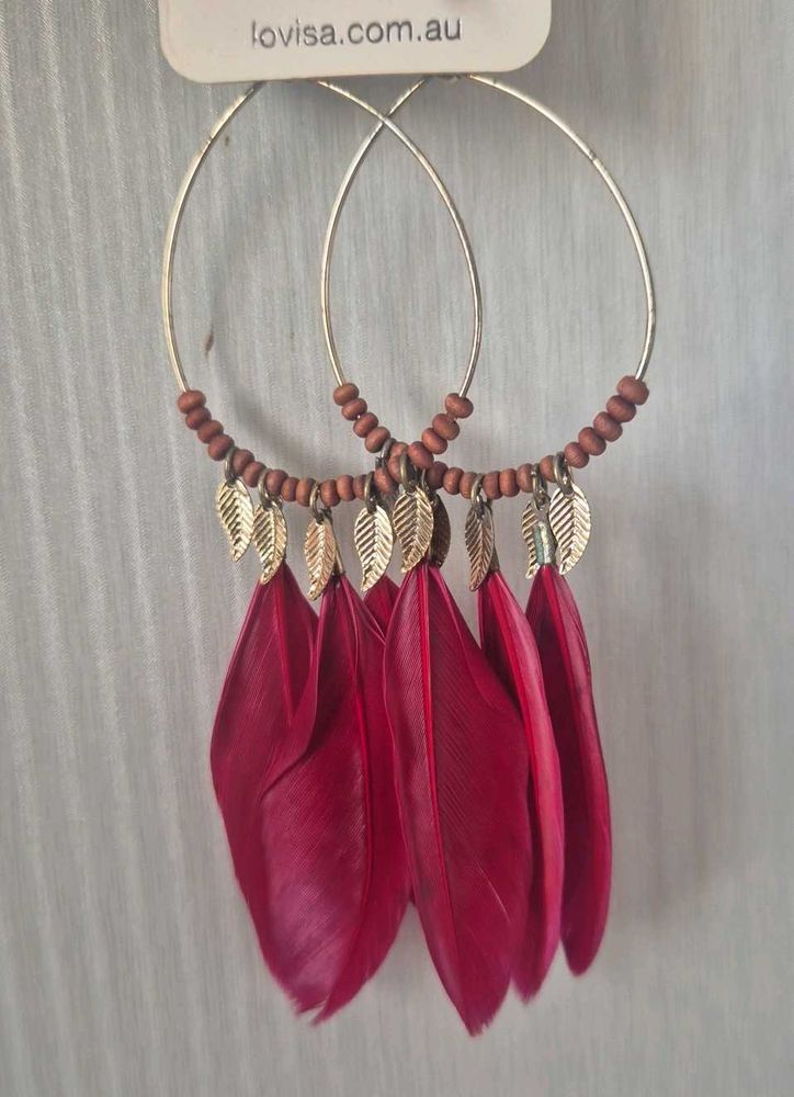 Feather Drop Hoop Earrings