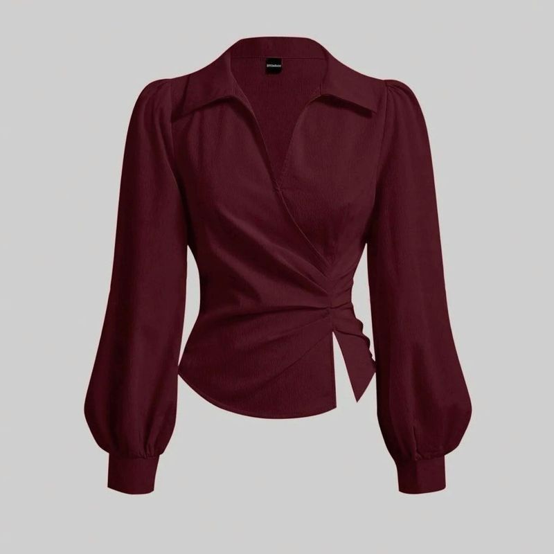 V Neck Top Wrap Front With Lantern Sleeve