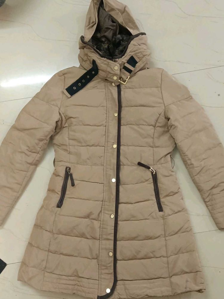 Beige Puffer Coat with Hood