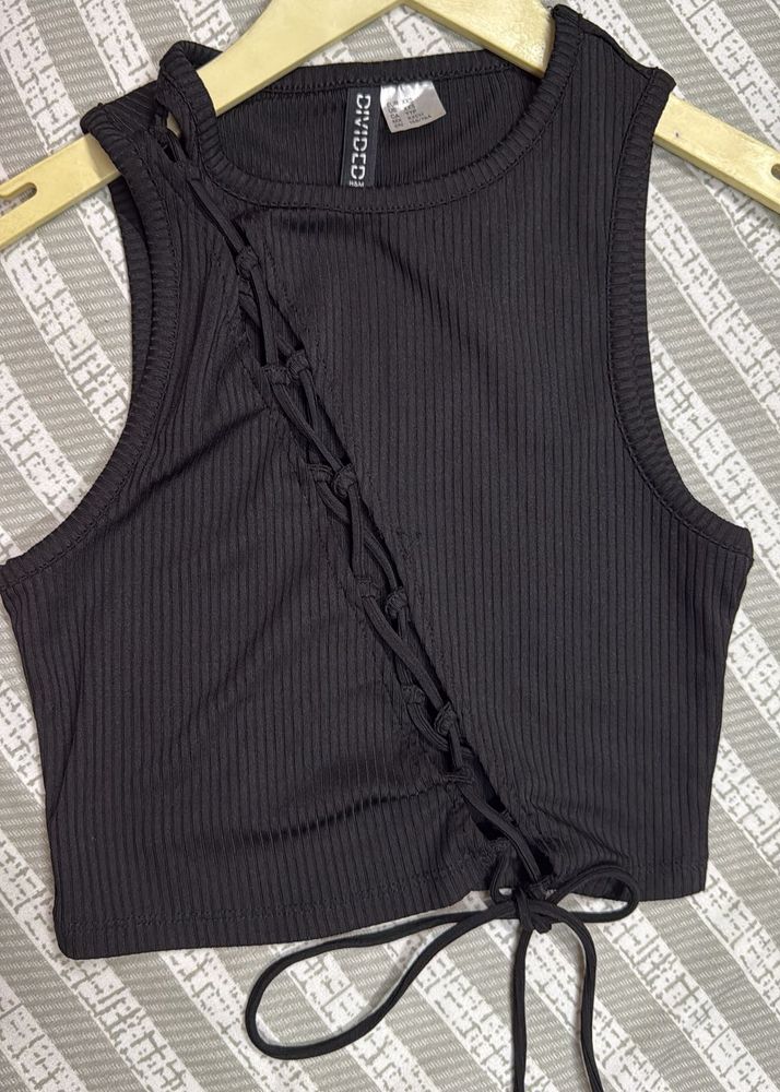 Black Ribbed Lace-Up Tank Top