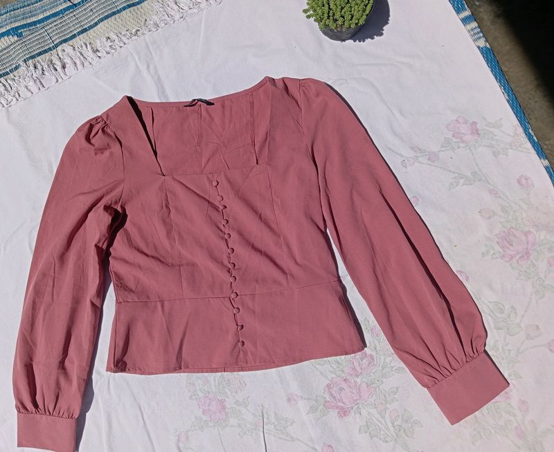Solid Dusty Pink Cuffed Sleeves Top
