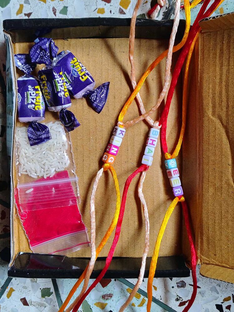 Set Of 3 Rakhi With Roli Chawal And Chocolate