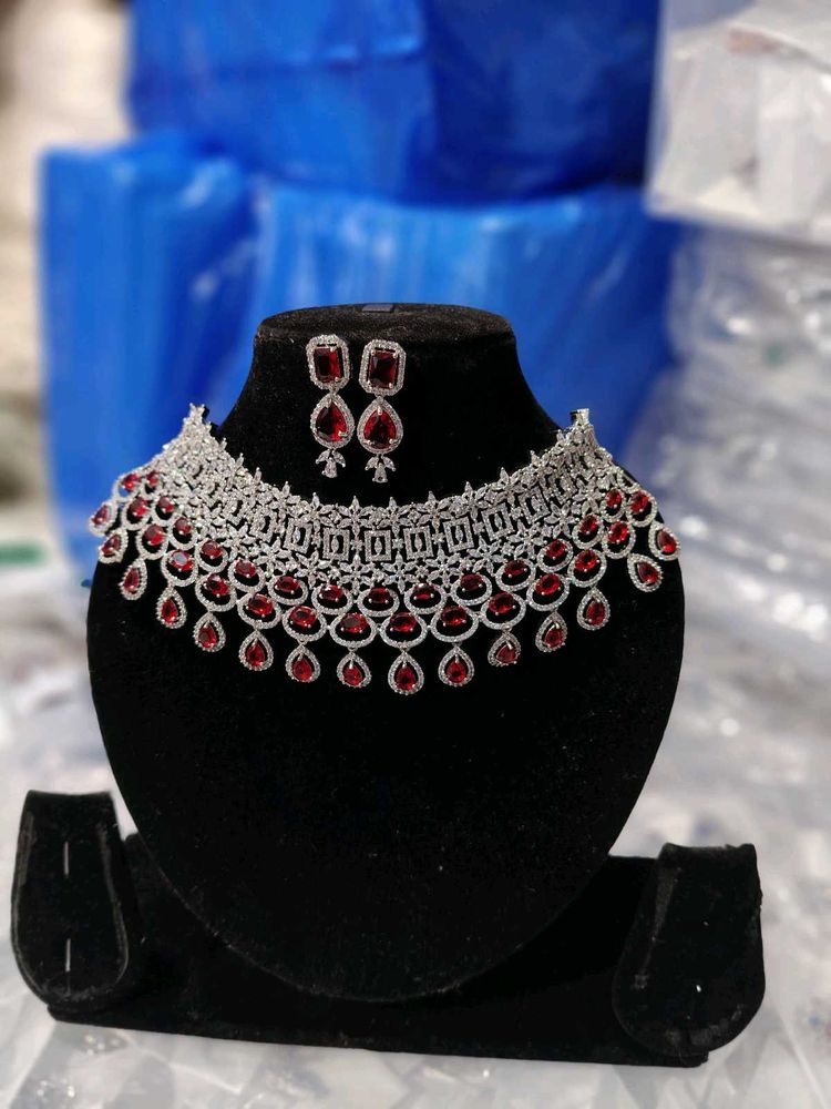 American Diamond Red Modern Jewellery Set