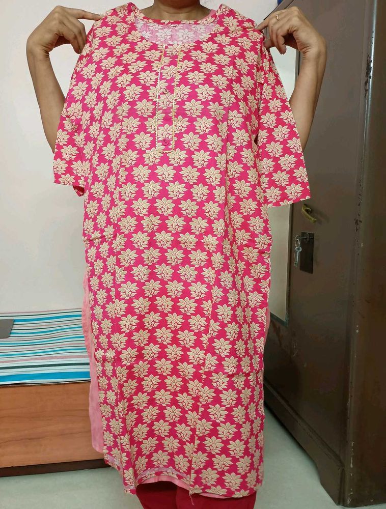Women Pink Straight Kurta Cotton