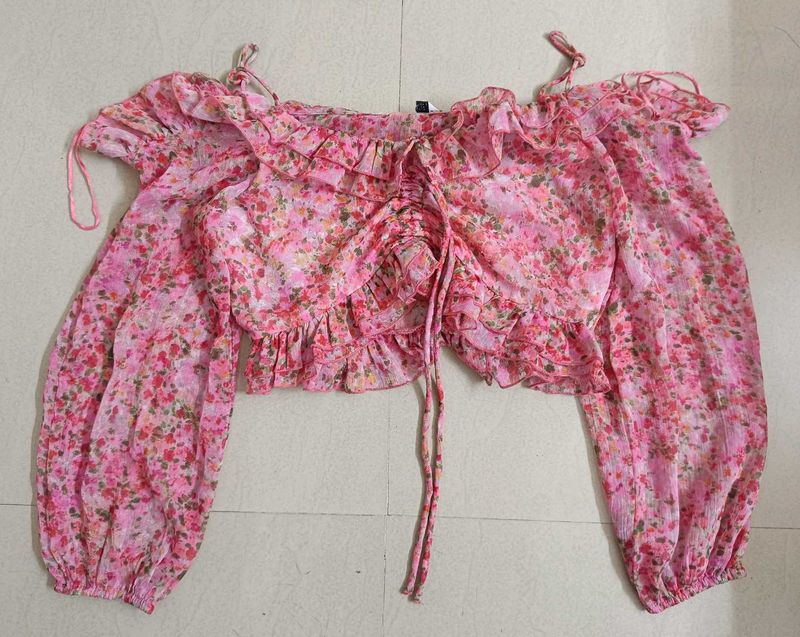 Ruffle Floral Print Pink Crop Top