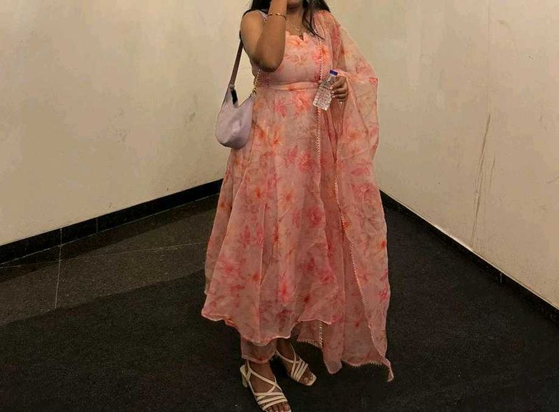 festive peach organza anarkali dress with dupatta