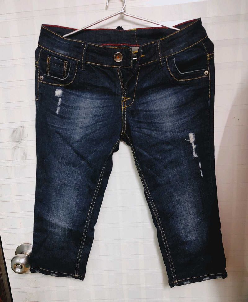 Distressed Denim Capri Pants