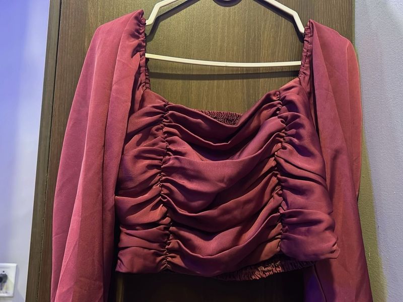 Burgundy Ruched Long Sleeve Top