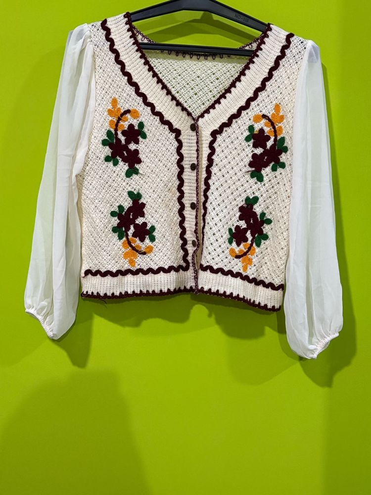 Crochet Cardigan with Sheer Sleeves