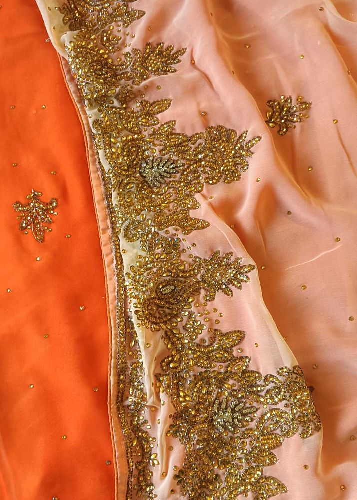 Cream And Orange Designer Chiffon Saree