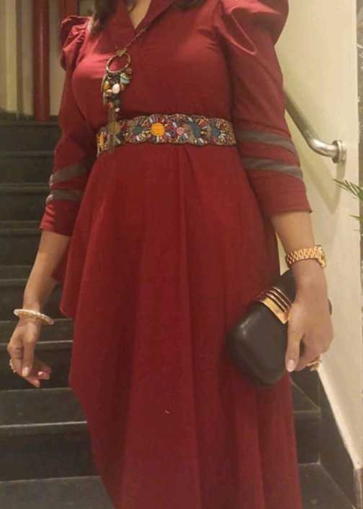 Maroon Dress In Slant Way
