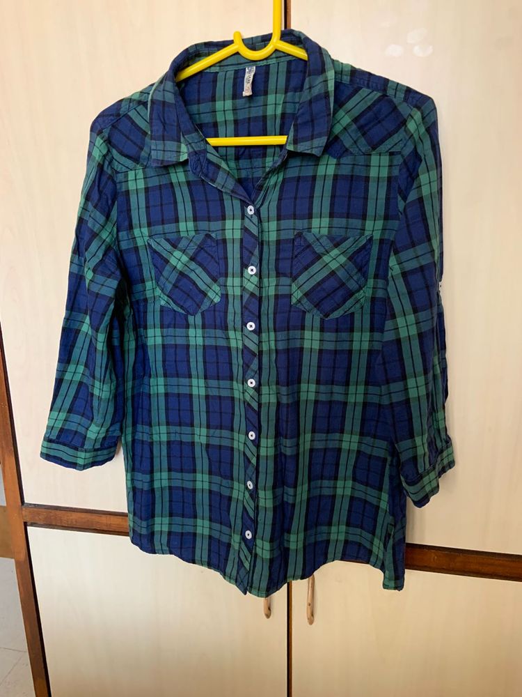 BARE DENIM Blue Checked Cotton Shirt