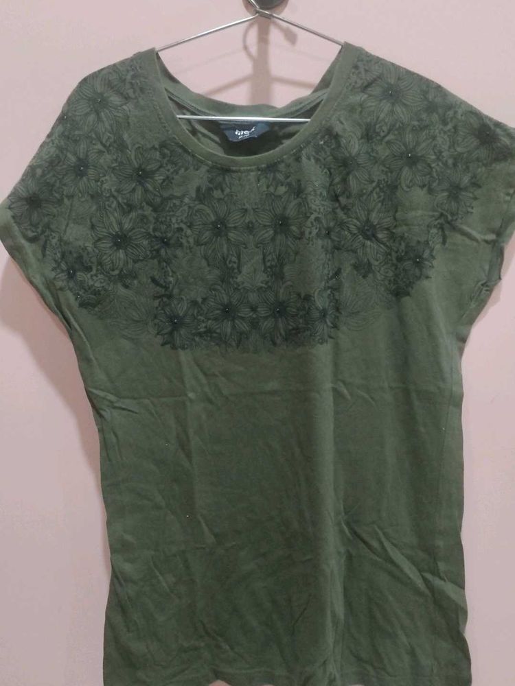 Olive Green Floral Embellished Top