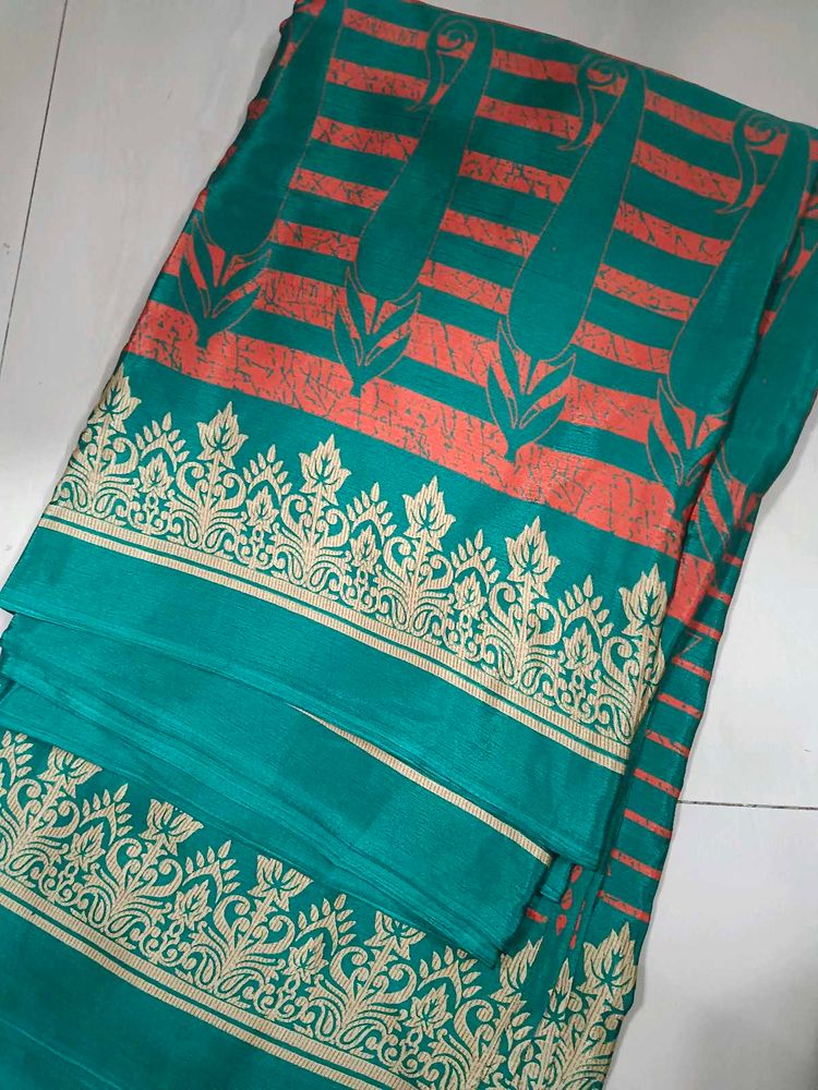 Teal &amp; Orange Patterned Saree