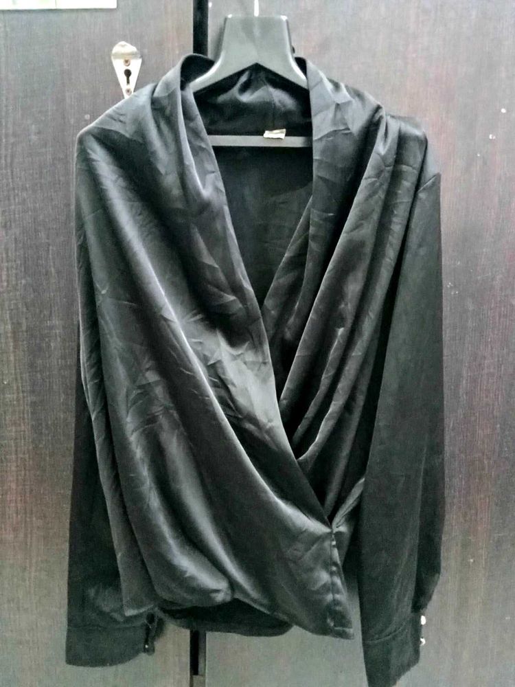 🖤✨ Black Satin Draped Wrap Top |Chic &amp; Classy